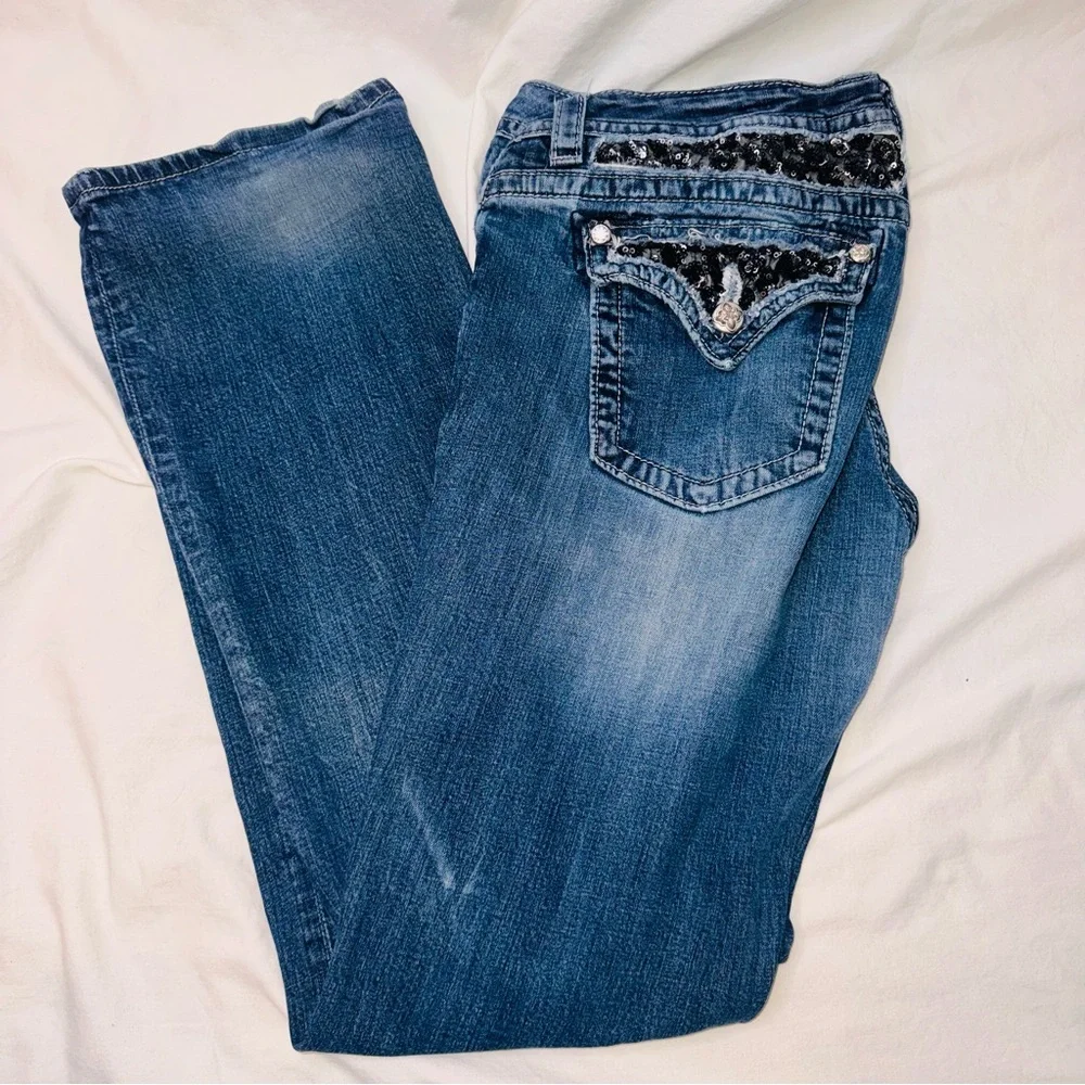 Miss Me Boot Cut Blue Jeans size 33 with Black Details - Picture 10 of 13